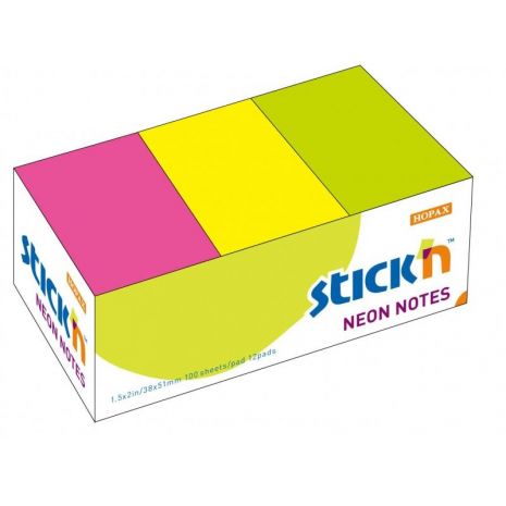 Notes autoadeziv 38 x 51 mm, 12 x 100 file/set, Stick"n - 3 culori neon