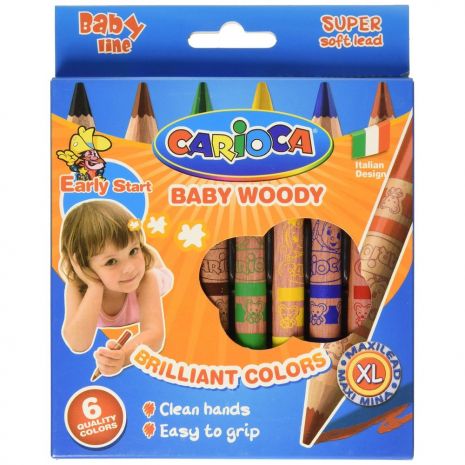 Creioane colorate cerate, rotunde, 6 culori/cutie, CARIOCA Baby Woody Wax Crayons