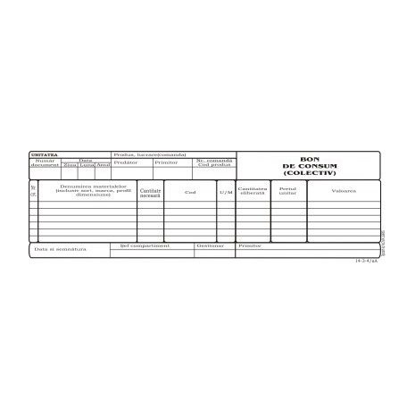 Bon consum colectiv, 1/2A4, tipar fata, autocopiativ, 100 file/carnet