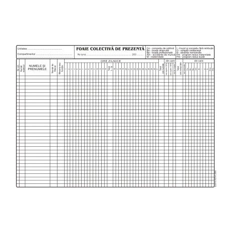 Foaie colectiva de prezenta, A4, tipar fata, 100 file/carnet